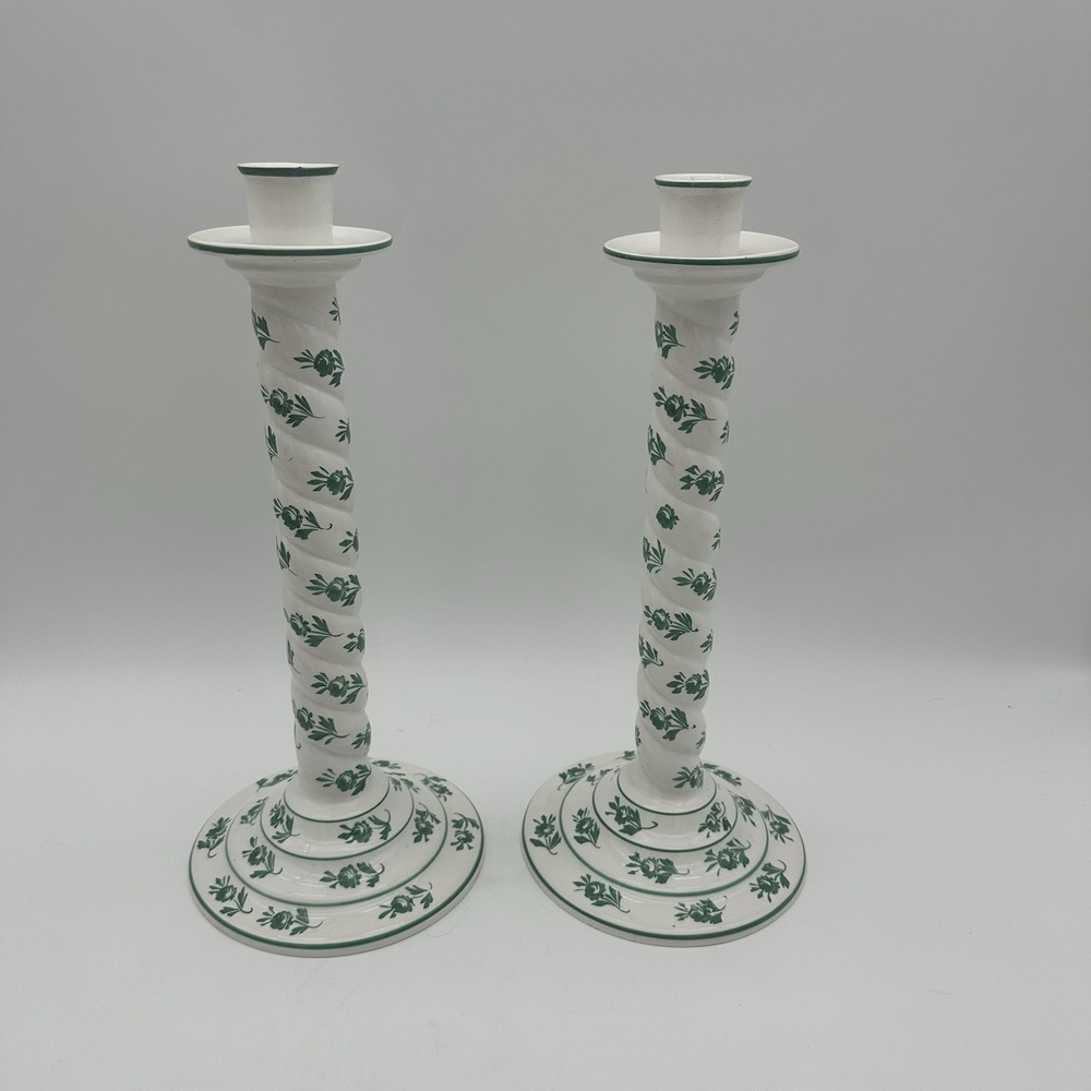 Italy White And Green Flower Tall Candle Stick Holder 13x6" Traditional Home Dec